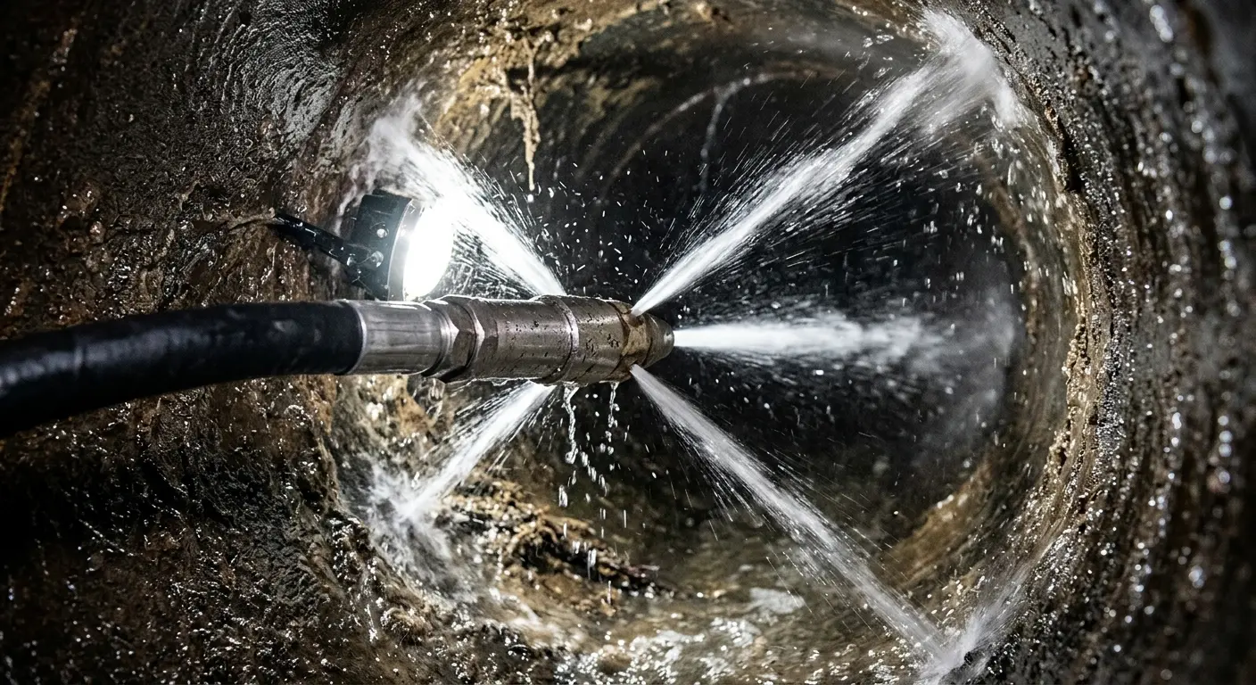 High-pressure hydro jetting nozzle cleaning sewer pipe for Emergency Drain Service in Hazle