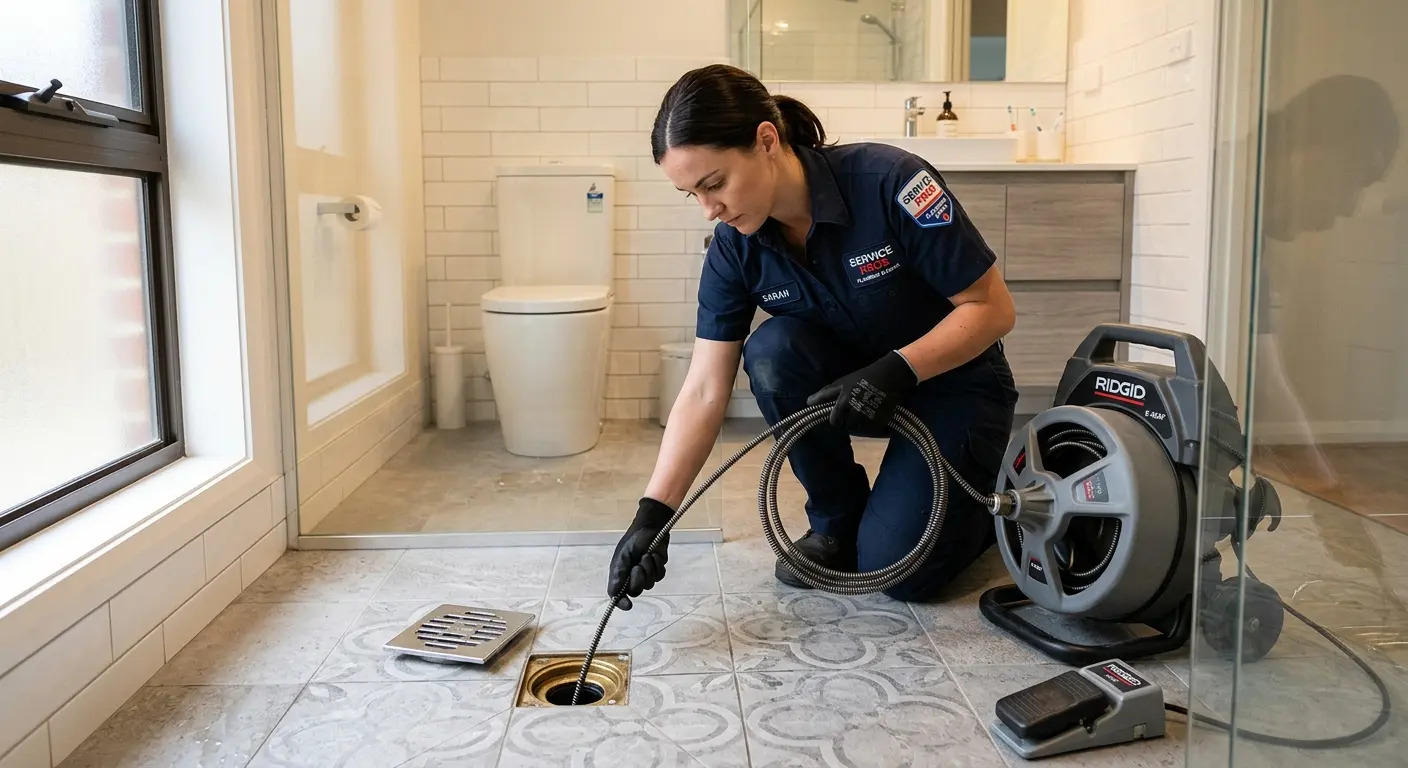 Technician clearing a bathroom floor drain for Hydro Jetting in Hazle